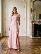 Blushing Pink Jacquard A-Line Backless Floor-Length Dress with Bow - Curvevia
