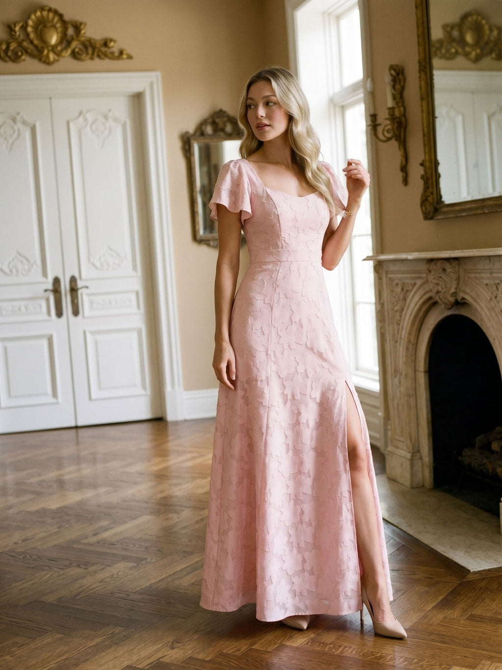 Blushing Pink Jacquard A-Line Backless Floor-Length Dress with Bow - Curvevia