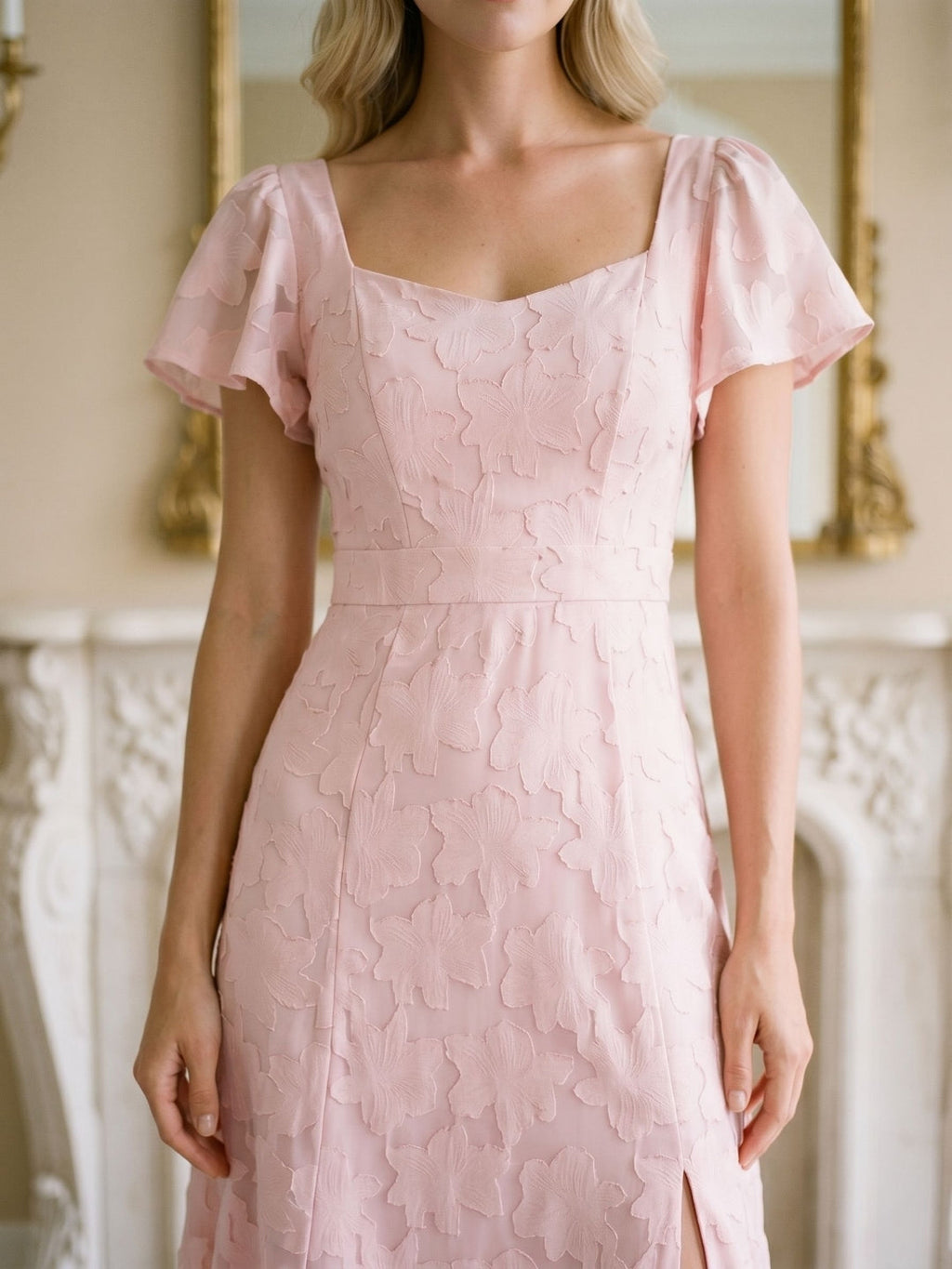 Blushing Pink Jacquard A-Line Backless Floor-Length Dress with Bow - Curvevia