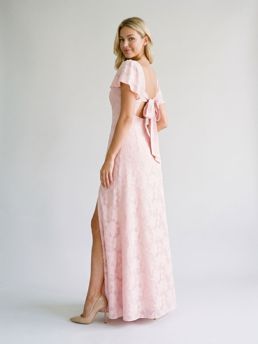 Blushing Pink Jacquard A-Line Backless Floor-Length Dress with Bow - Curvevia