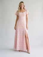 Blushing Pink Jacquard A-Line Backless Floor-Length Dress with Bow - Curvevia