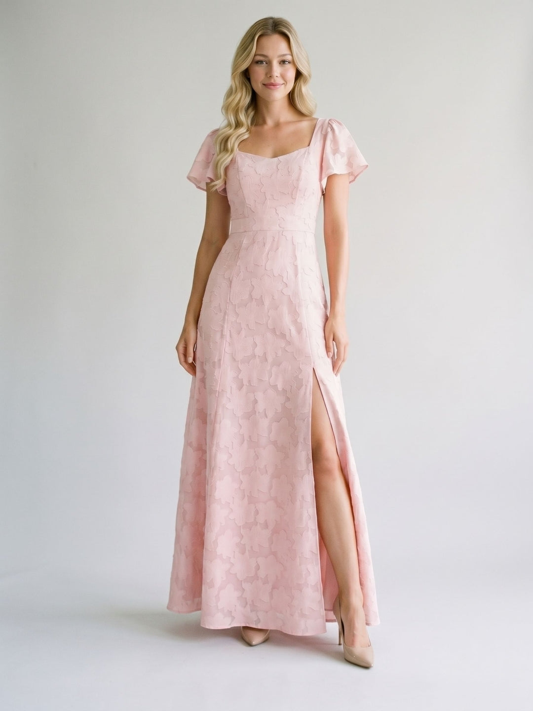 Blushing Pink Jacquard A-Line Backless Floor-Length Dress with Bow - Curvevia