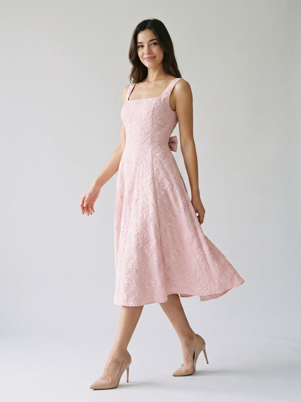 Blushing Pink Jacquard A-Line Bow Back Tea-Length Dress with Bow - Curvevia
