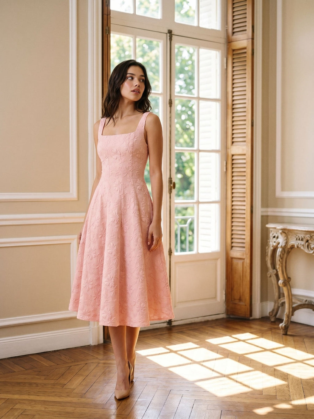 Blushing Pink Jacquard A-Line Bow Back Tea-Length Dress with Bow - Curvevia
