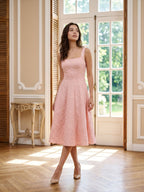 Blushing Pink Jacquard A-Line Bow Back Tea-Length Dress with Bow - Curvevia