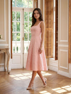 Blushing Pink Jacquard A-Line Bow Back Tea-Length Dress with Bow - Curvevia