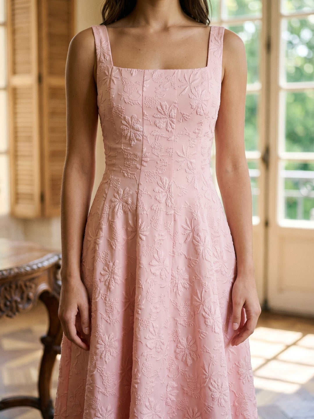 Blushing Pink Jacquard A-Line Bow Back Tea-Length Dress with Bow - Curvevia