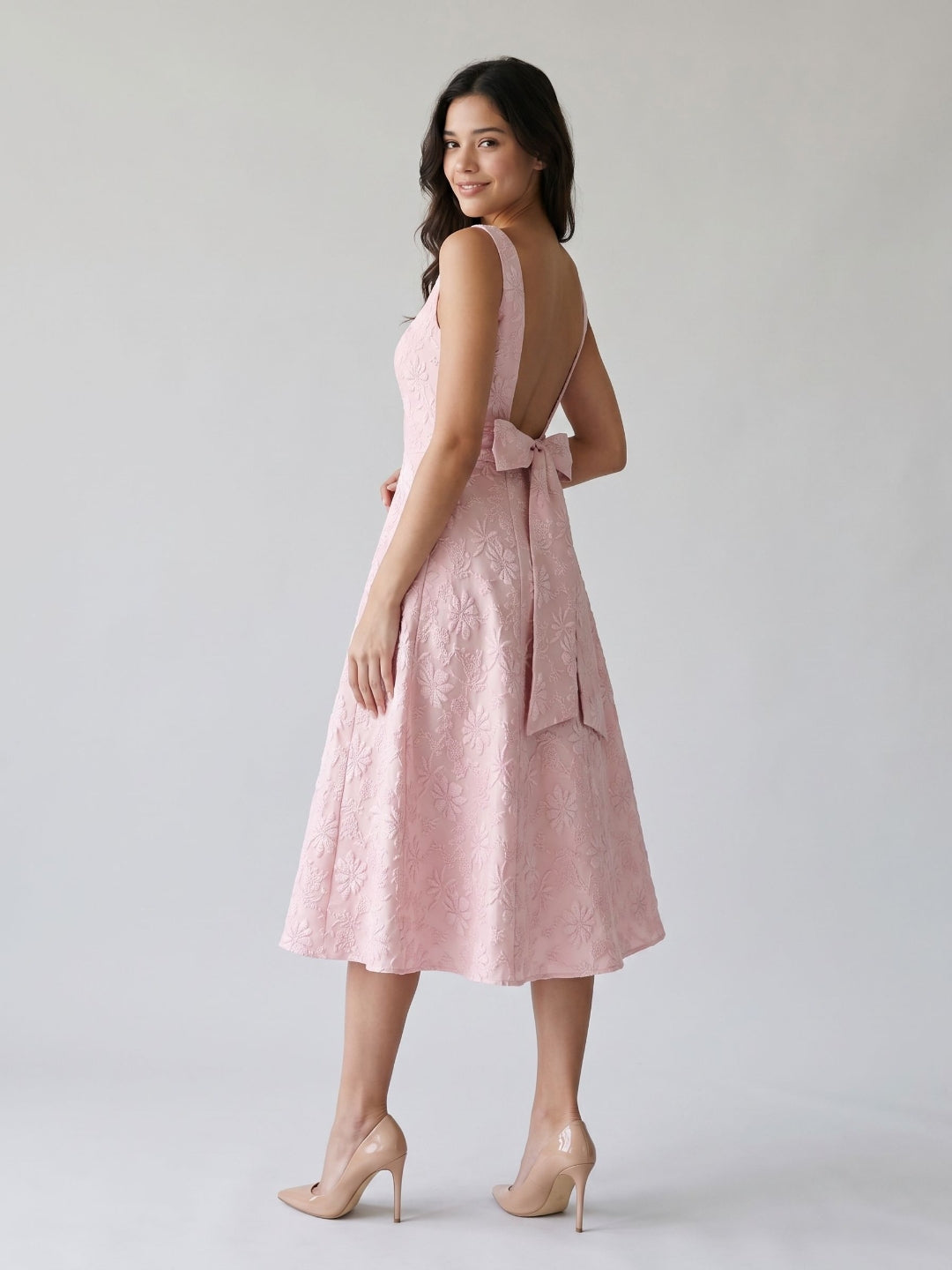 Blushing Pink Jacquard A-Line Bow Back Tea-Length Dress with Bow - Curvevia
