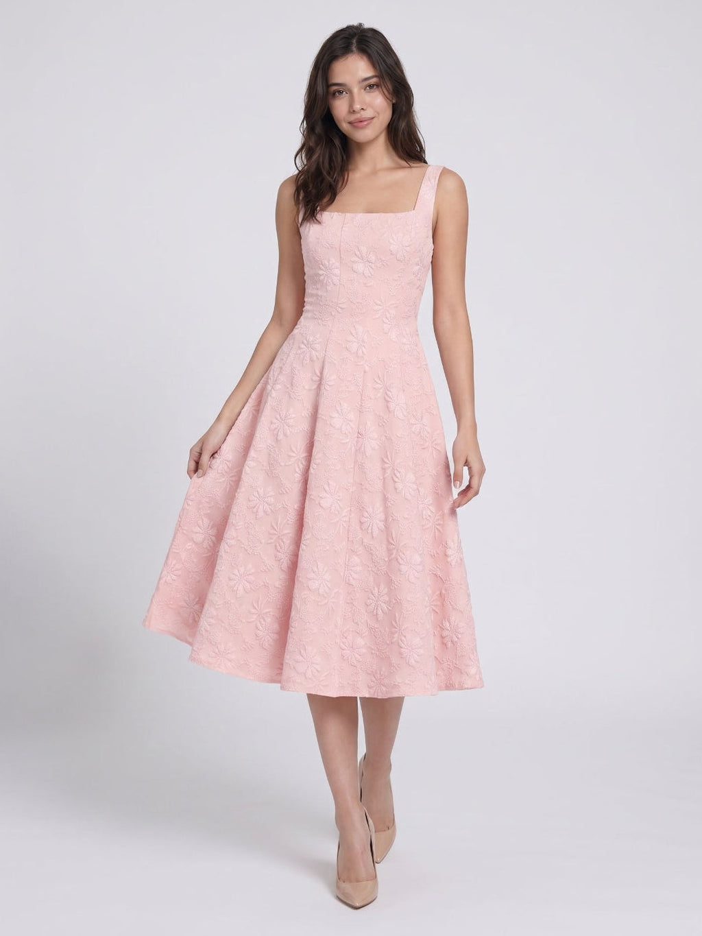 Blushing Pink Jacquard A-Line Bow Back Tea-Length Dress with Bow - Curvevia