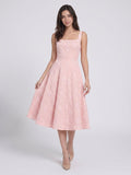 Blushing Pink Jacquard A-Line Bow Back Tea-Length Dress with Bow - Curvevia