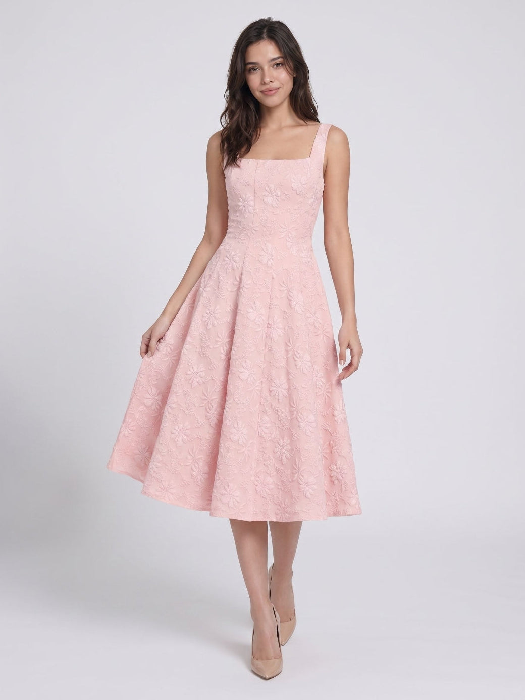 Blushing Pink Jacquard A-Line Bow Back Tea-Length Dress with Bow - Curvevia