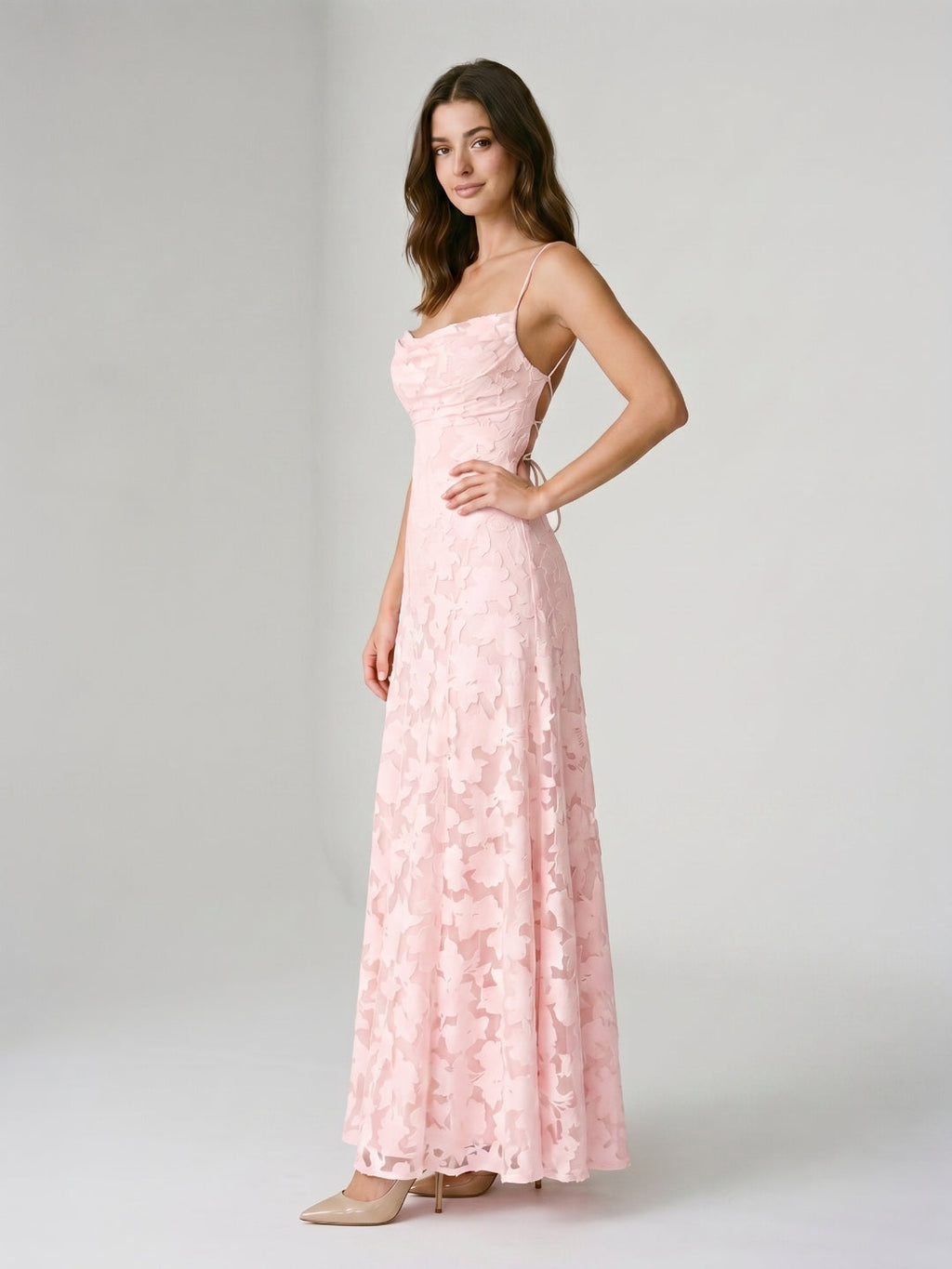 Blushing Pink Jacquard A-Line Criss-Cross Straps Floor-Length Formal Dress with Pleating - Curvevia