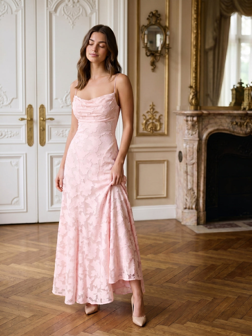 Blushing Pink Jacquard A-Line Criss-Cross Straps Floor-Length Formal Dress with Pleating - Curvevia