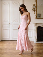 Blushing Pink Jacquard A-Line Criss-Cross Straps Floor-Length Formal Dress with Pleating - Curvevia