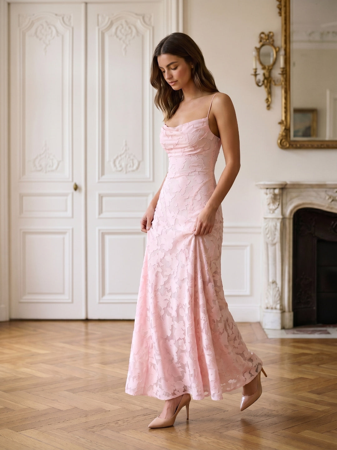 Blushing Pink Jacquard A-Line Criss-Cross Straps Floor-Length Formal Dress with Pleating - Curvevia