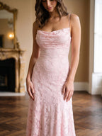 Blushing Pink Jacquard A-Line Criss-Cross Straps Floor-Length Formal Dress with Pleating - Curvevia