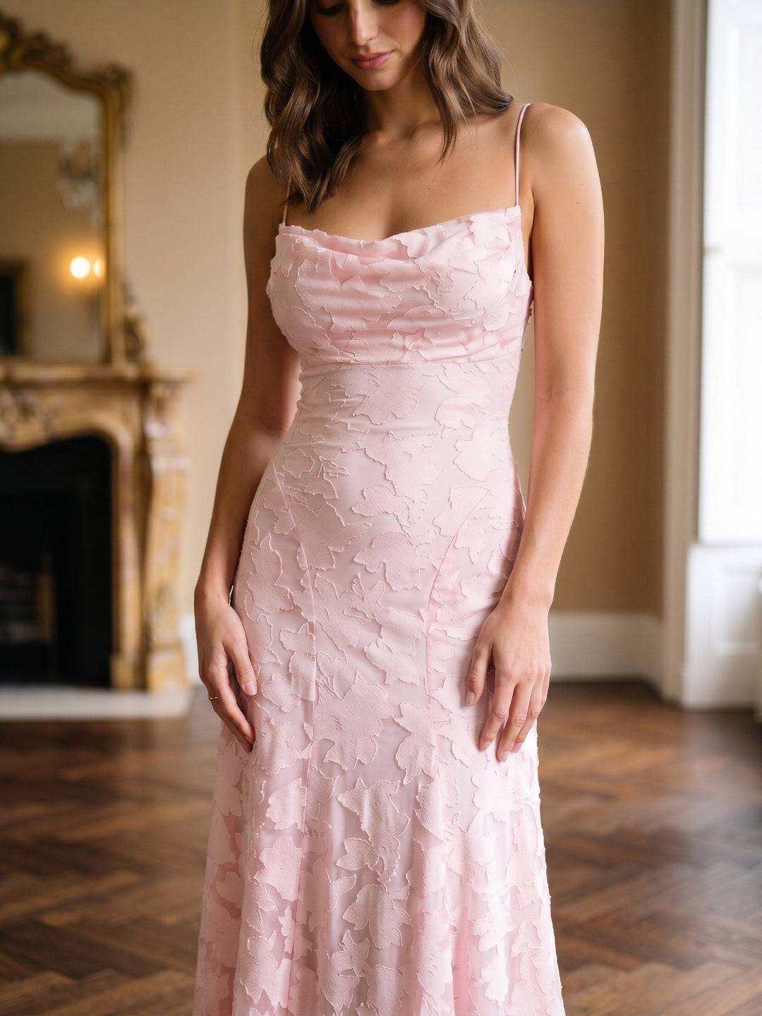 Blushing Pink Jacquard A-Line Criss-Cross Straps Floor-Length Formal Dress with Pleating - Curvevia