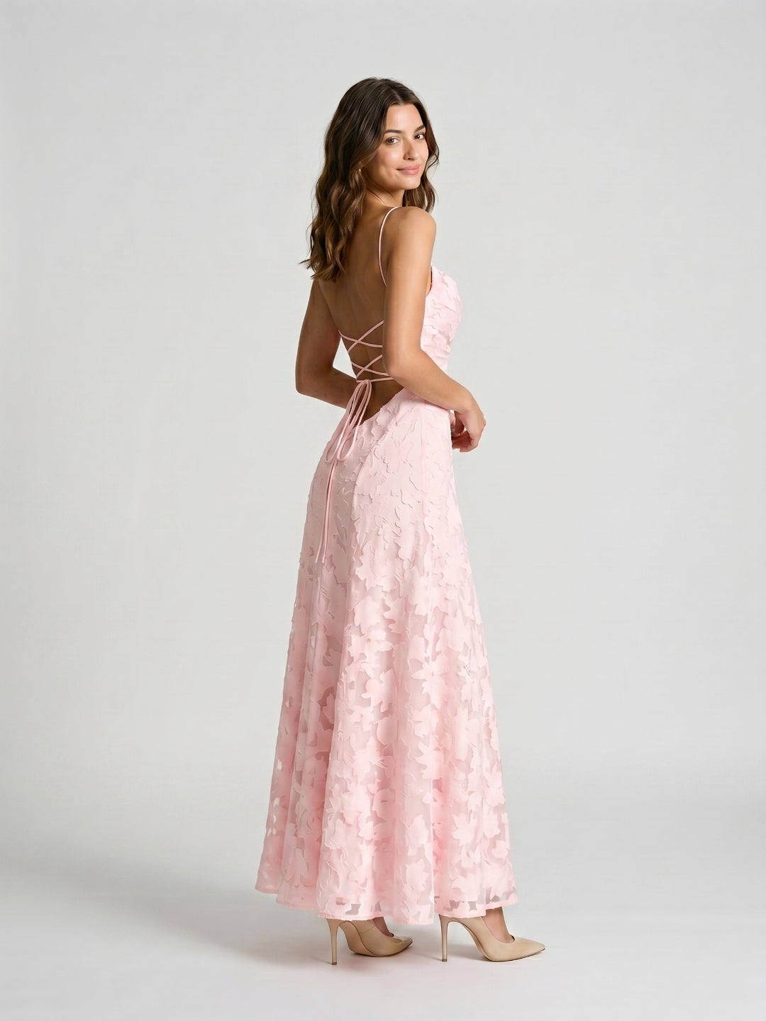 Blushing Pink Jacquard A-Line Criss-Cross Straps Floor-Length Formal Dress with Pleating - Curvevia