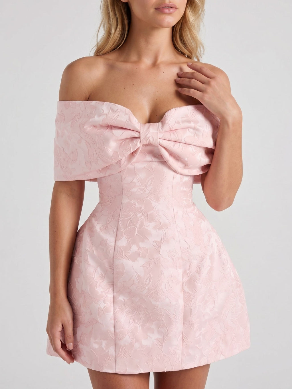 Blushing Pink Jacquard A-Line Off-Shoulder Lace-Up Back Short Dress with Bow - Curvevia