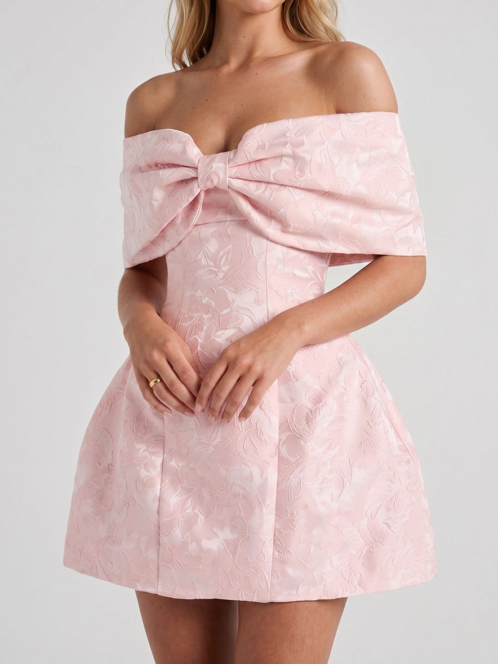 Blushing Pink Jacquard A-Line Off-Shoulder Lace-Up Back Short Dress with Bow - Curvevia