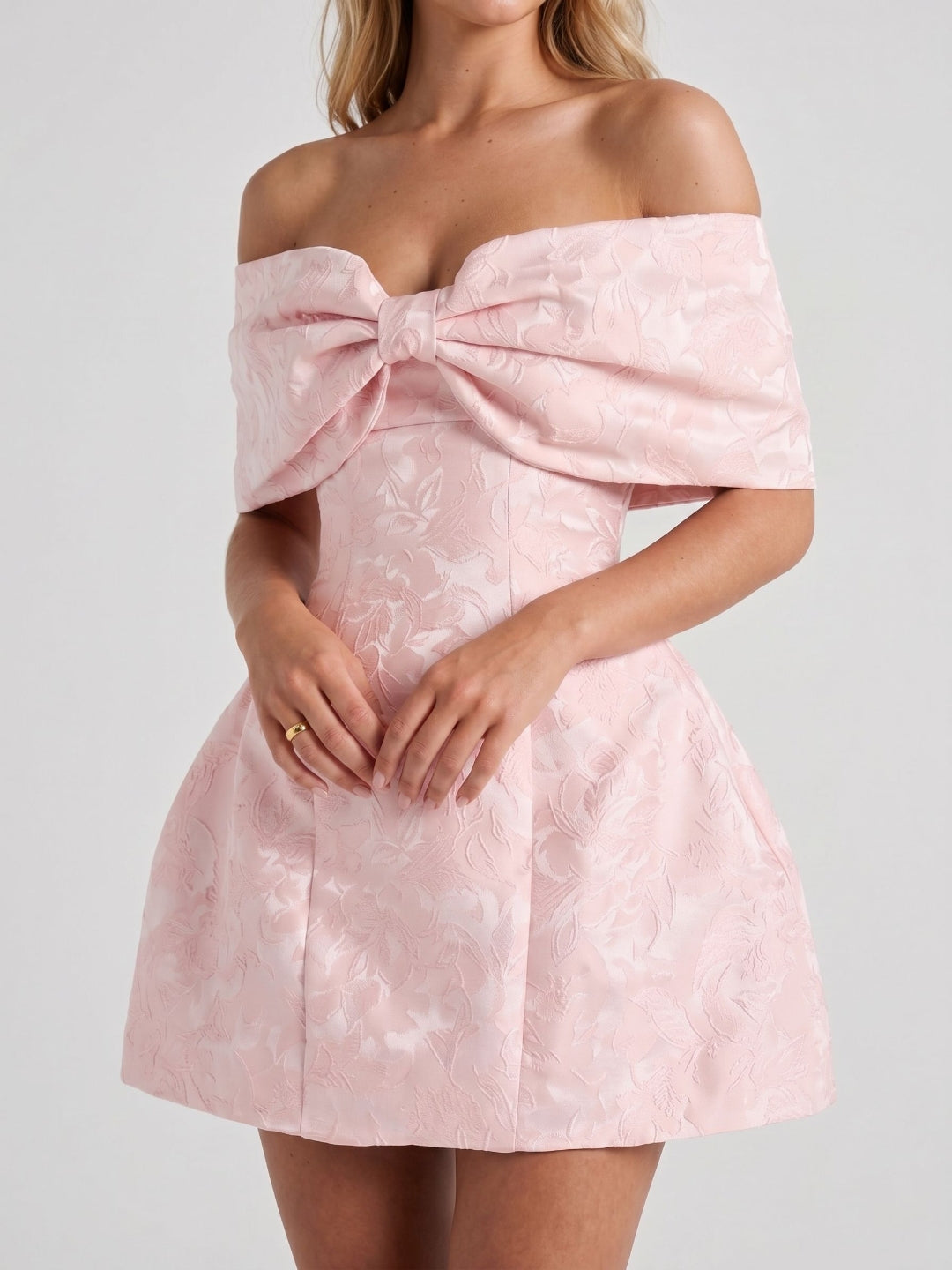 Blushing Pink Jacquard A-Line Off-Shoulder Lace-Up Back Short Dress with Bow - Curvevia