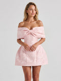 Blushing Pink Jacquard A-Line Off-Shoulder Lace-Up Back Short Dress with Bow - Curvevia
