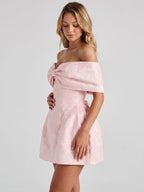 Blushing Pink Jacquard A-Line Off-Shoulder Lace-Up Back Short Dress with Bow - Curvevia