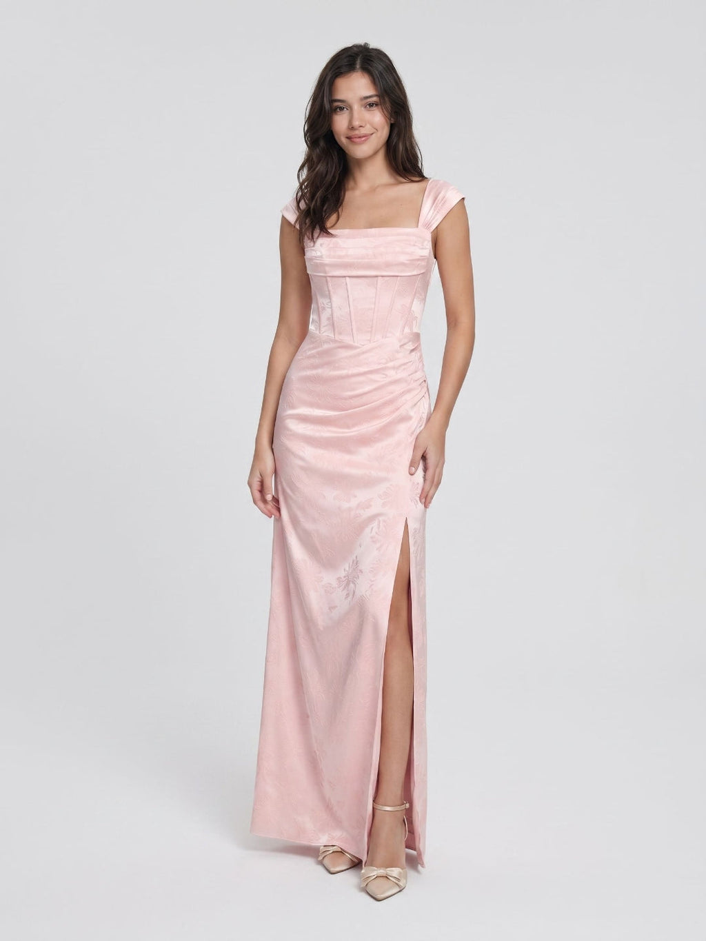 Blushing Pink Jacquard Sheath Lace-Up Back Floor-Length Dress with Pleating - Curvevia