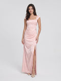 Blushing Pink Jacquard Sheath Lace-Up Back Floor-Length Dress with Pleating - Curvevia