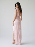 Blushing Pink Jacquard Sheath Lace-Up Back Floor-Length Dress with Pleating - Curvevia