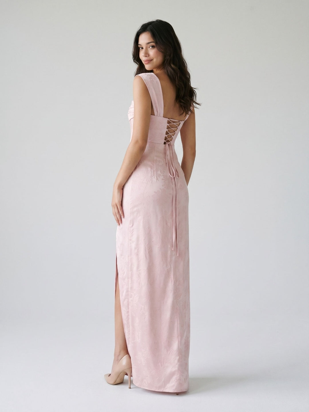Blushing Pink Jacquard Sheath Lace-Up Back Floor-Length Dress with Pleating - Curvevia