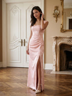Blushing Pink Jacquard Sheath Lace-Up Back Floor-Length Dress with Pleating - Curvevia