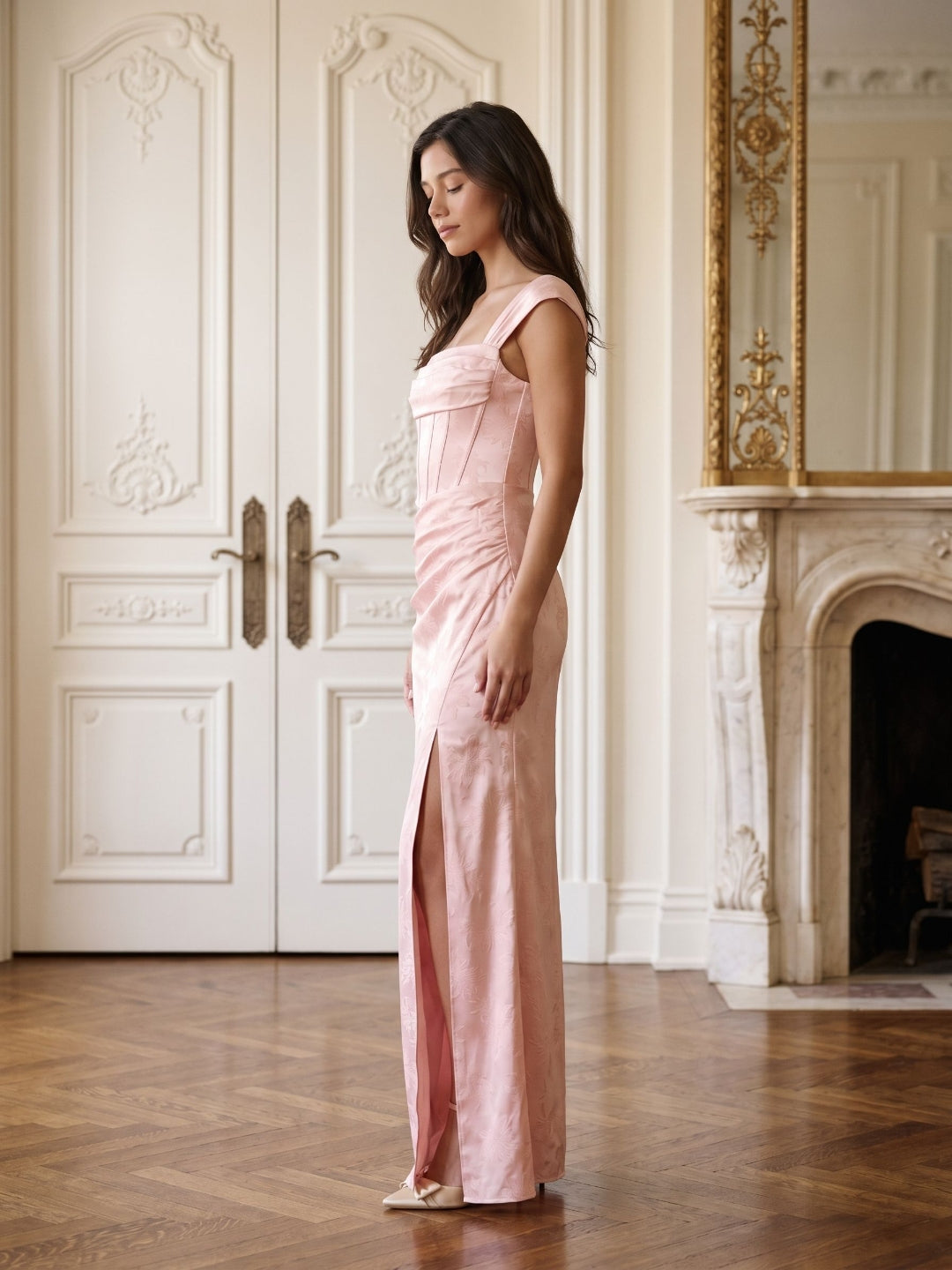Blushing Pink Jacquard Sheath Lace-Up Back Floor-Length Dress with Pleating - Curvevia