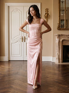 Blushing Pink Jacquard Sheath Lace-Up Back Floor-Length Dress with Pleating - Curvevia