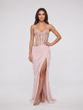 Blushing Pink Lace & Satin Sheath Halter neckline Lace-up Floor-Length Dress - Curvevia