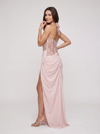 Blushing Pink Lace & Satin Sheath Halter neckline Lace-up Floor-Length Dress - Curvevia
