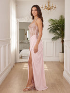 Lace & Satin Sheath Halter neckline Lace-up Floor-Length Dress - Curvevia