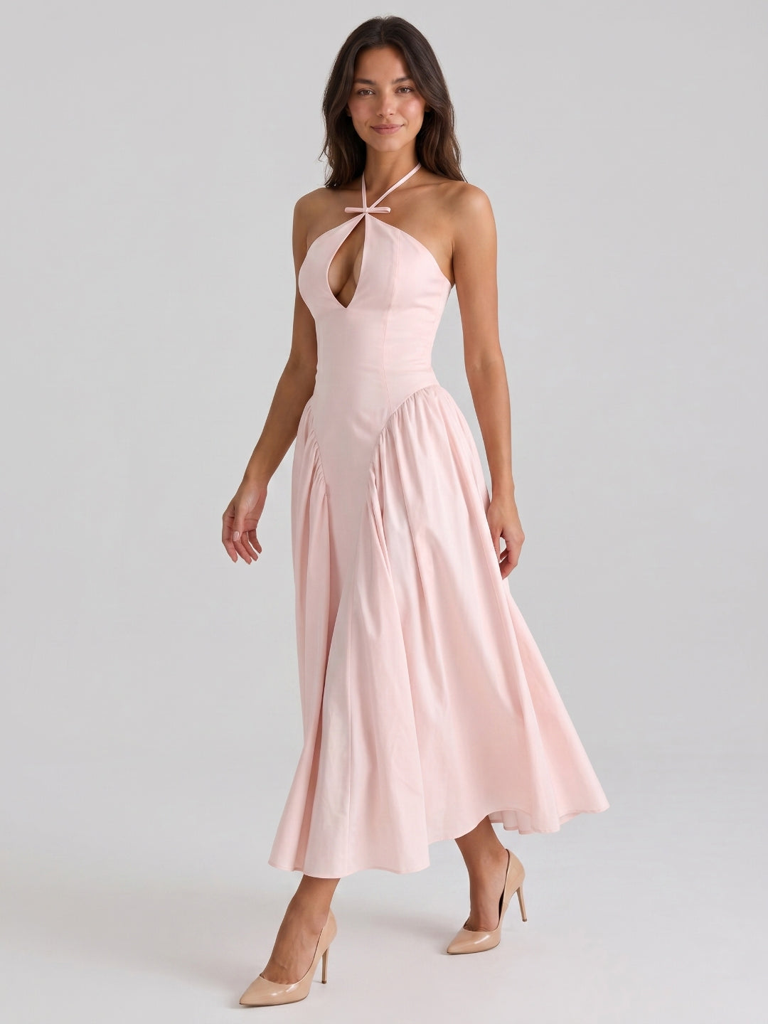 Blushing Pink Matte Satin A-Line Halter Back Zip Tea-Length Birthday Dress - Curvevia