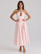 Blushing Pink Matte Satin A-Line Halter Back Zip Tea-Length Birthday Dress - Curvevia