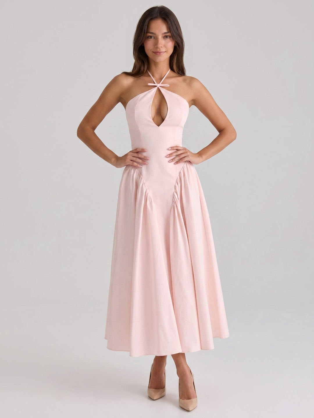 Blushing Pink Matte Satin A-Line Halter Back Zip Tea-Length Birthday Dress - Curvevia