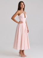 Blushing Pink Matte Satin A-Line Halter Back Zip Tea-Length Birthday Dress - Curvevia