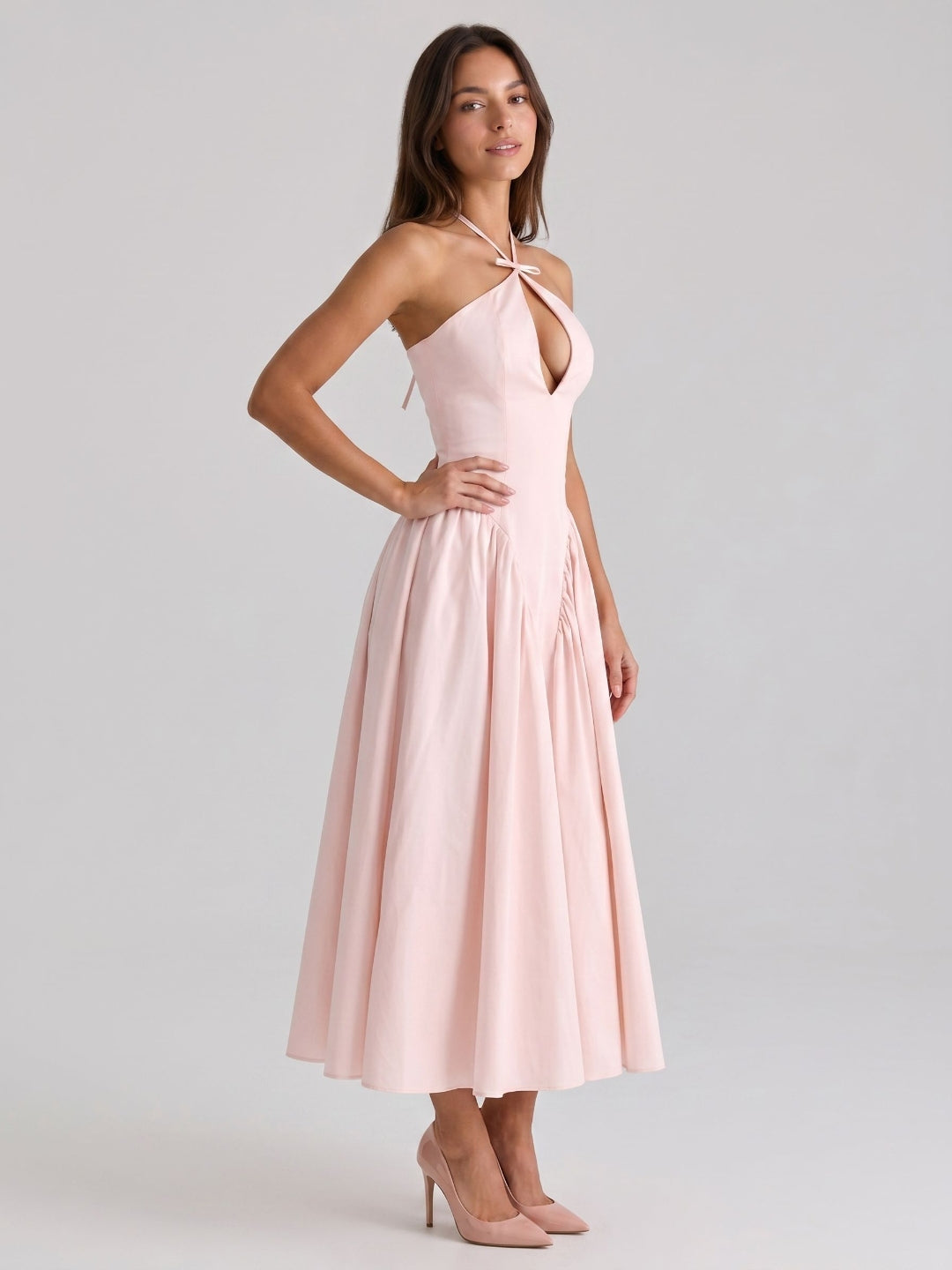 Blushing Pink Matte Satin A-Line Halter Back Zip Tea-Length Birthday Dress - Curvevia