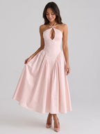 Blushing Pink Matte Satin A-Line Halter Back Zip Tea-Length Birthday Dress - Curvevia
