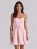 Blushing Pink Matte Satin A-Line Sweetheart Back Zip Short Homecoming Dress with Pleating - Curvevia