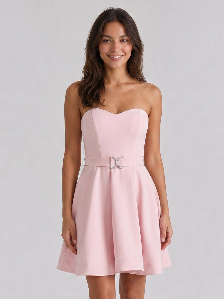 Blushing Pink Matte Satin A-Line Sweetheart Back Zip Short Homecoming Dress with Pleating - Curvevia