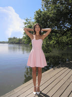 Blushing Pink Matte Satin A-Line Sweetheart Back Zip Short Homecoming Dress with Pleating - Curvevia