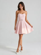 Blushing Pink Matte Satin A-Line Sweetheart Back Zip Short Homecoming Dress with Pleating - Curvevia
