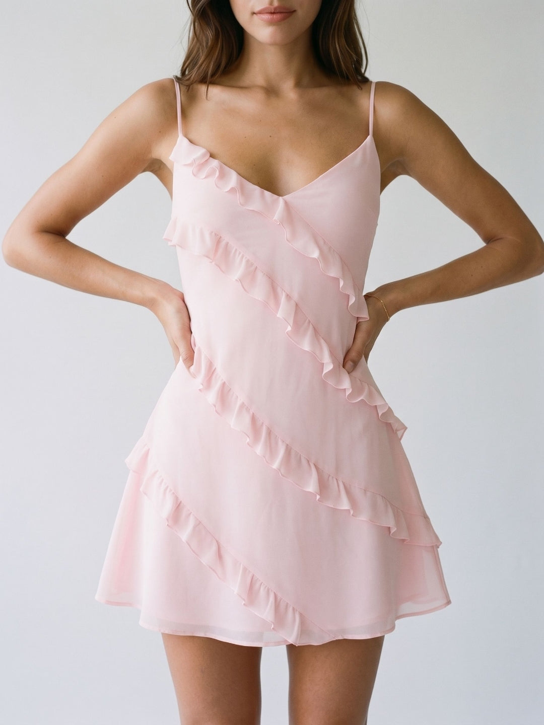 Blushing Pink Matte Satin Sheath V-Neck Backless Short Dress with Cascading Ruffles - Curvevia