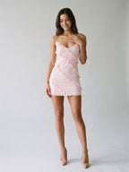 Blushing Pink Matte Satin Sheath V-Neck Backless Short Dress with Cascading Ruffles - Curvevia