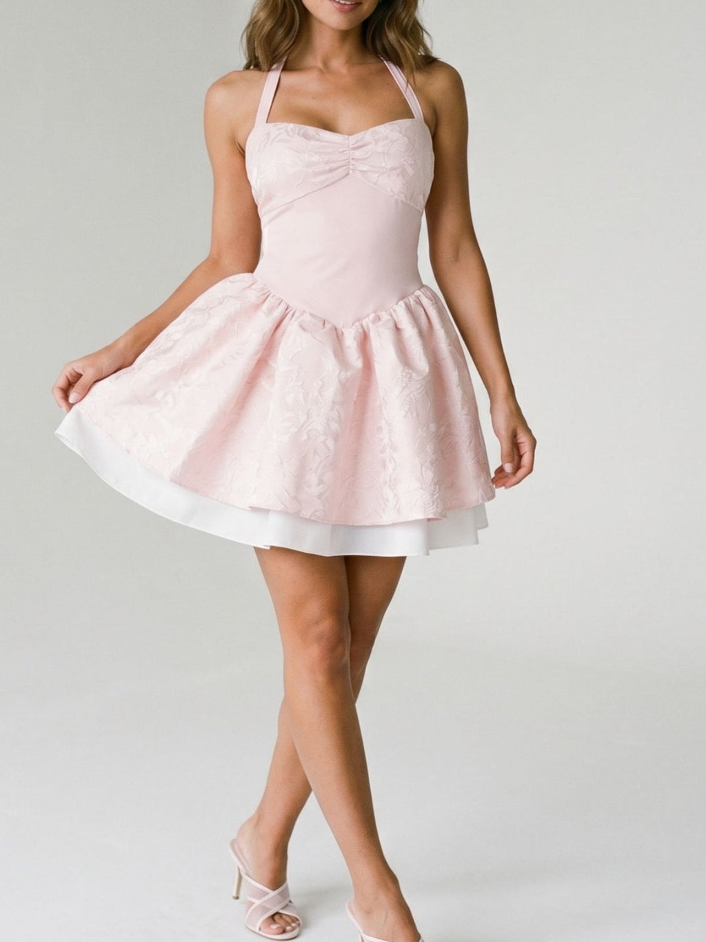 Blushing Pink Satin A-Line Halter Neckline Backless Short Homecoming Dress with Pleating - Curvevia